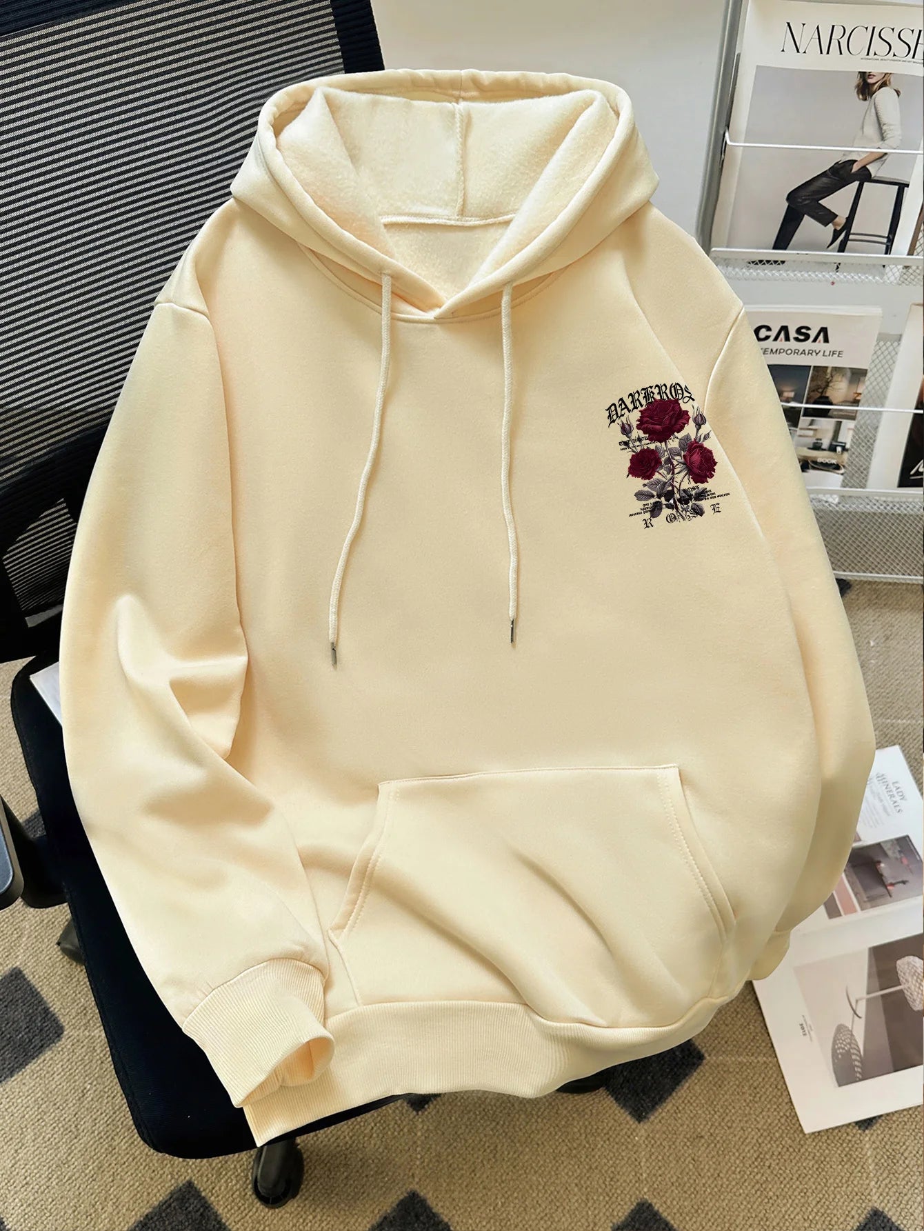 Autumn/Winter Street Style Men's Hoodie with Rose and Gothic Letter Print, Casual Loose Fit, Fleece-lined Long-sleeved Hoodie