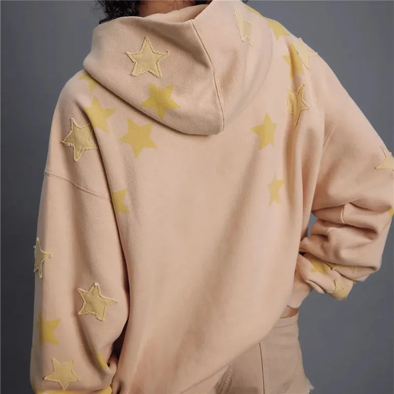 hirigin American Casual Oversized Star Patch Hoodie Women Vintage Loose Drop Shoulder Kangaroo Pocket Everyday Street Sweatshirt