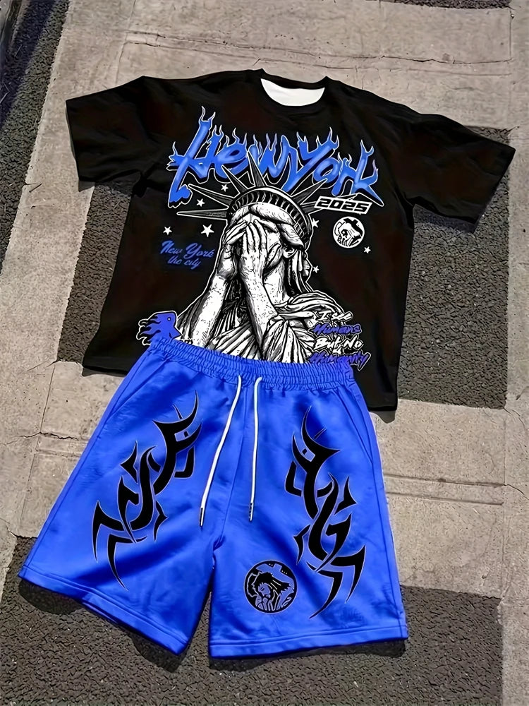 2026 New Spring American Hip-hop Style Men's Round-neck Top And Casual Shorts, Street Fashion Trend Men's Short-sleeved 2pcs Set