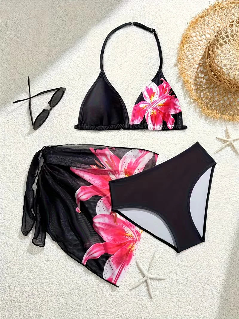 2026 New Trendy Girls' Swimwear Chindren Girls Bikini Swimsuit Set with Flower Print Three-Piece Outfit Bathing Suit 7 To 16Y