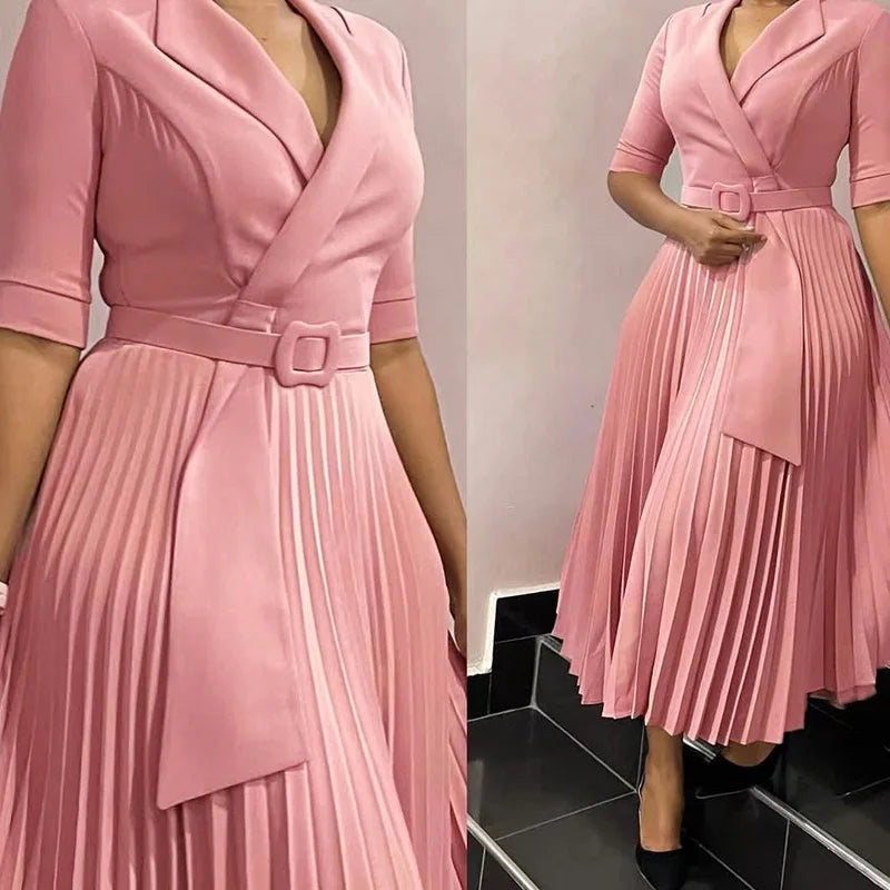 Elegant Office Ladies Dresses 2024 Autumn Fall Notched Collar Half Sleeve Belt Waisted Mid Calf Female Birthday Party Dress Midi
