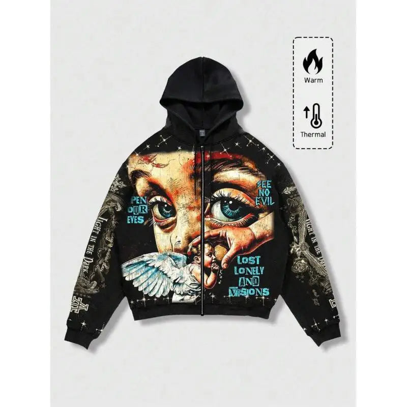 Star Eye Print Hoodie Men's Fleece Lined Sweatshirt Urban Style Comfortable Fit Winter Collection No Brand Registered Trademark