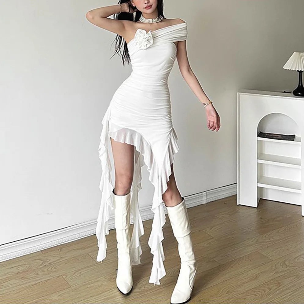 Lace Splicing Sexy Perspective Dress Women Irregular Sleeveless Edge Dress Summer Long Party Vacation Evening Dress
