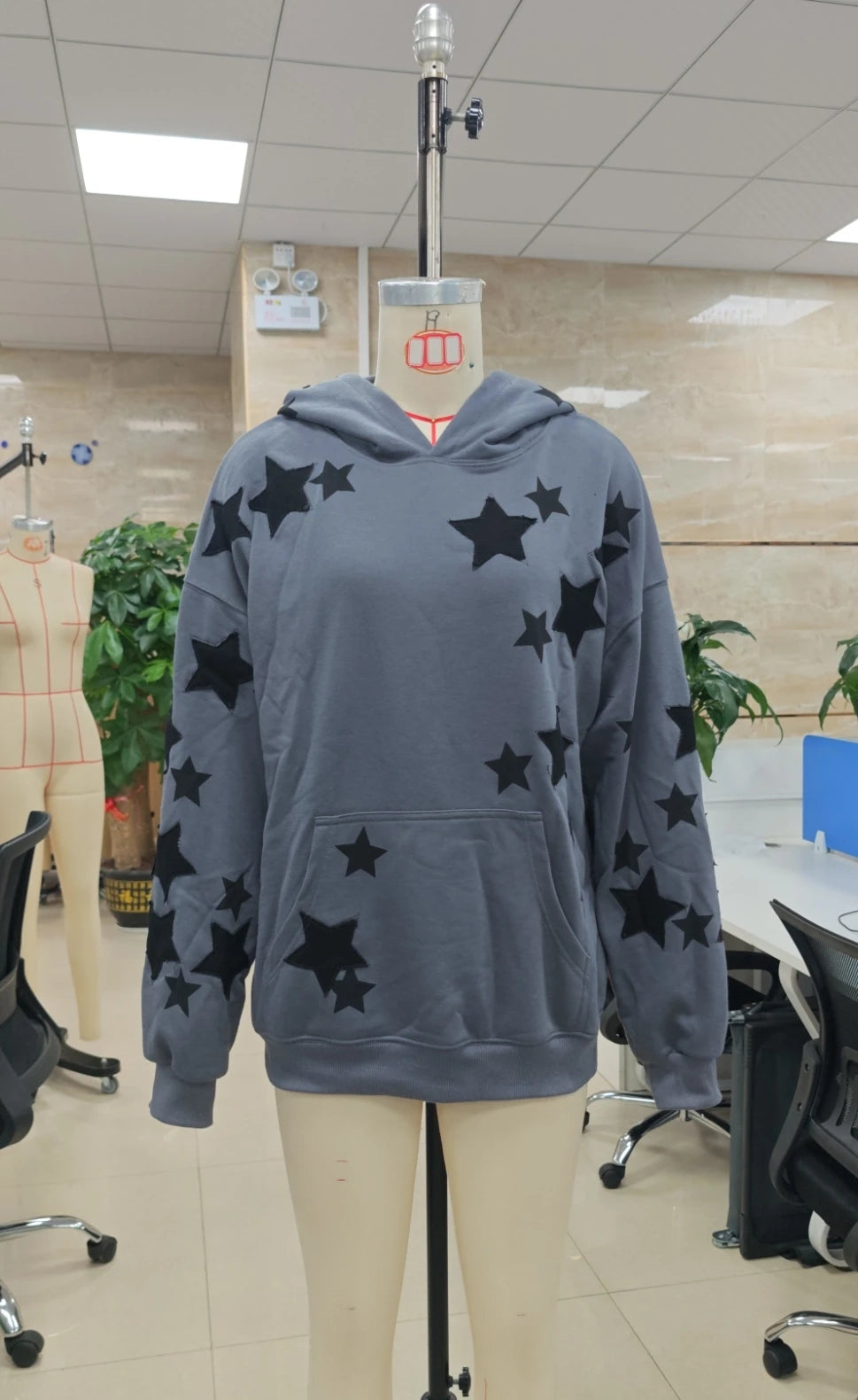 hirigin American Casual Oversized Star Patch Hoodie Women Vintage Loose Drop Shoulder Kangaroo Pocket Everyday Street Sweatshirt