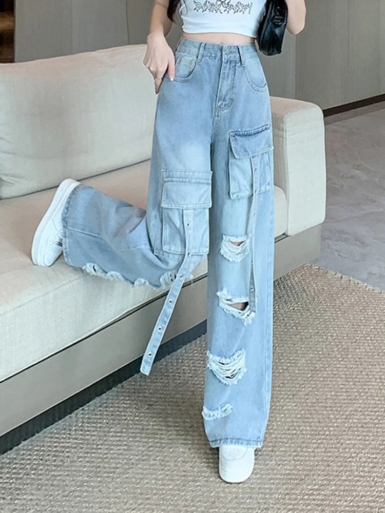 Y2K Hole Cargo Jeans Women Retro Streetwear Loose Straight Denim Pants Multiple Pockets High Waist Casual Commuting New Trousers