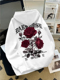 Autumn/Winter Street Style Men's Hoodie with Rose and Gothic Letter Print, Casual Loose Fit, Fleece-lined Long-sleeved Hoodie