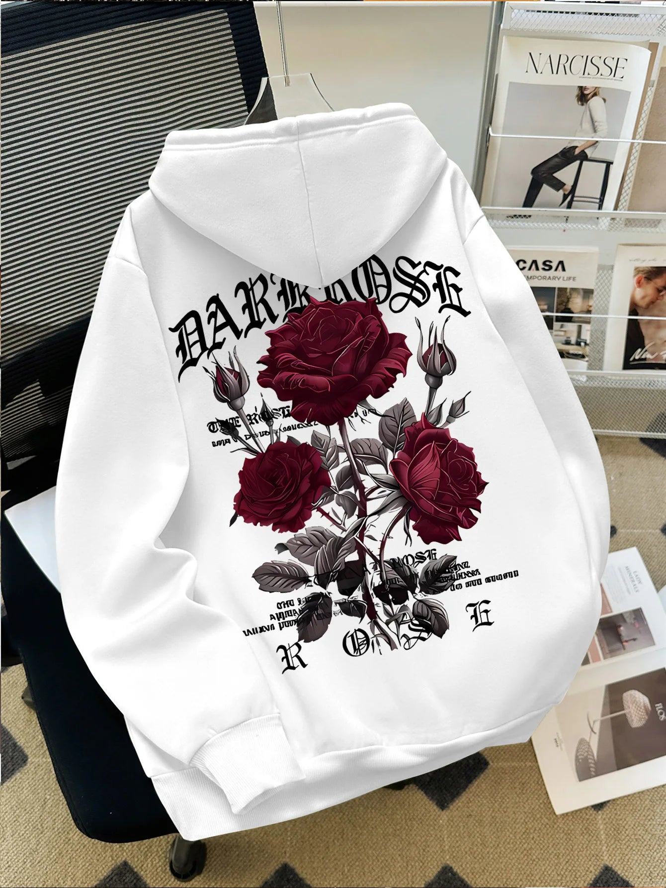 Autumn/Winter Street Style Men's Hoodie with Rose and Gothic Letter Print, Casual Loose Fit, Fleece-lined Long-sleeved Hoodie