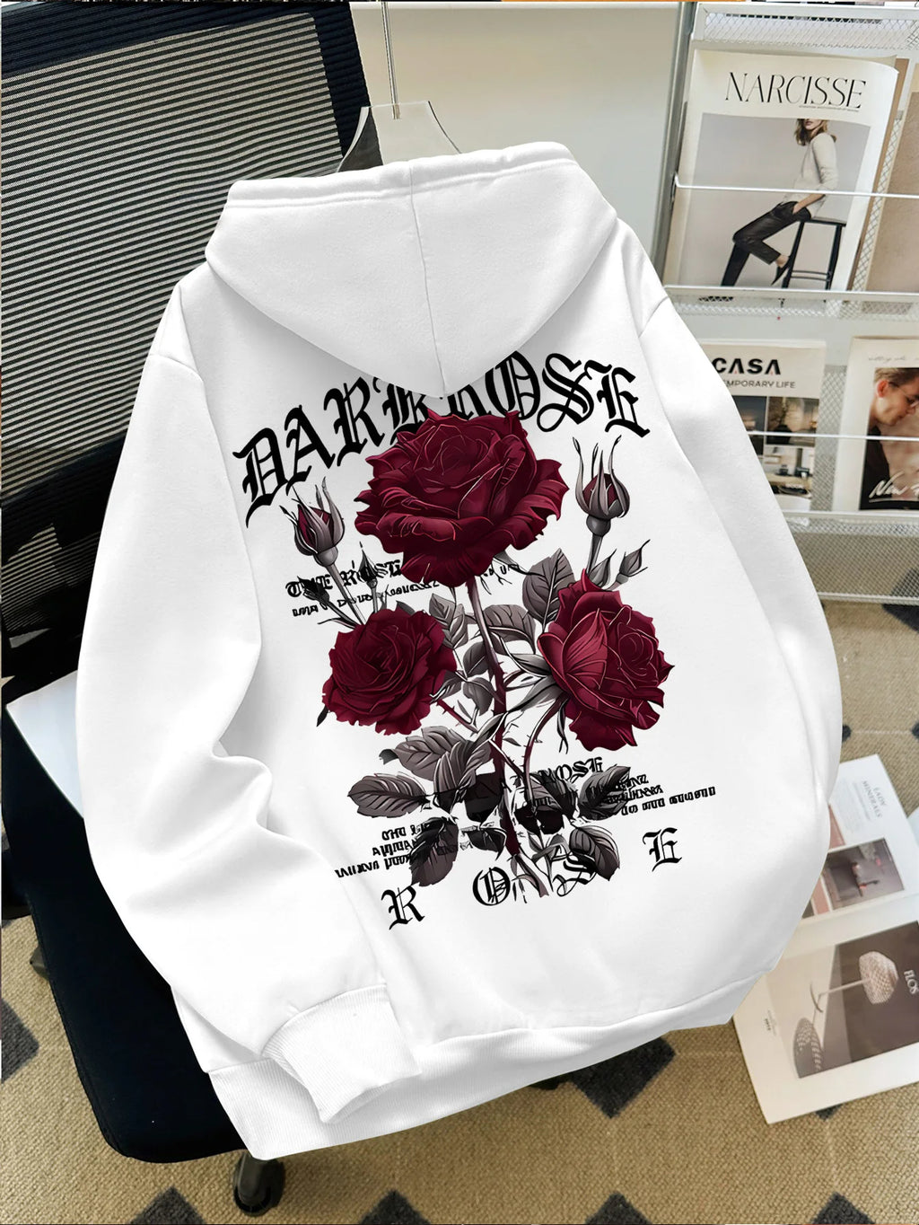 Autumn/Winter Street Style Men's Hoodie with Rose and Gothic Letter Print, Casual Loose Fit, Fleece-lined Long-sleeved Hoodie