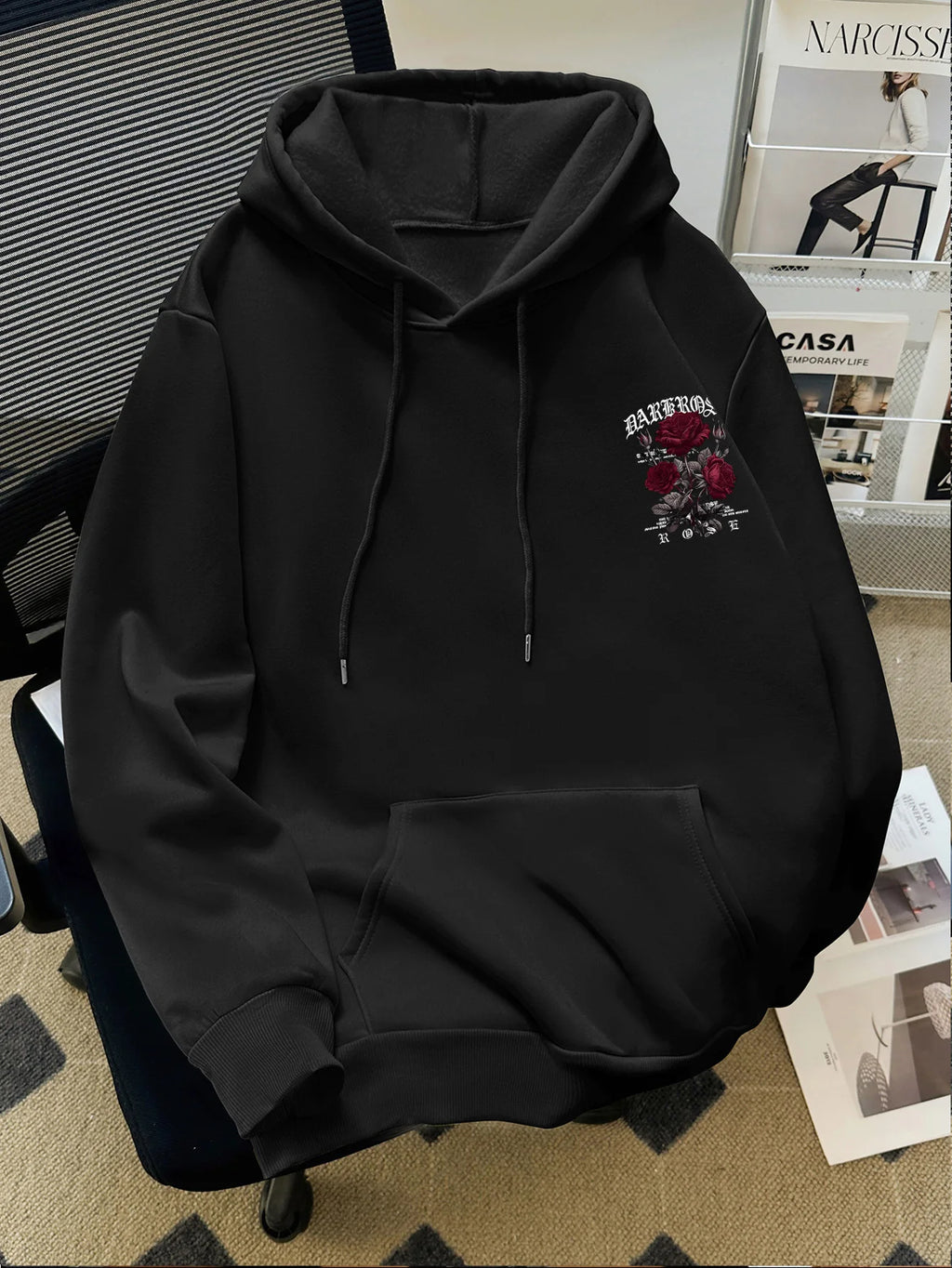 Autumn/Winter Street Style Men's Hoodie with Rose and Gothic Letter Print, Casual Loose Fit, Fleece-lined Long-sleeved Hoodie