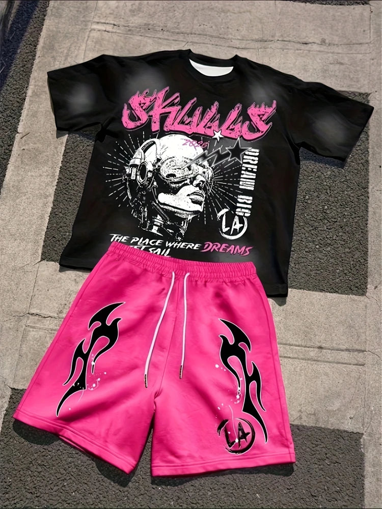 2026 New Spring American Hip-hop Style Men's Round-neck Top And Casual Shorts, Street Fashion Trend Men's Short-sleeved 2pcs Set