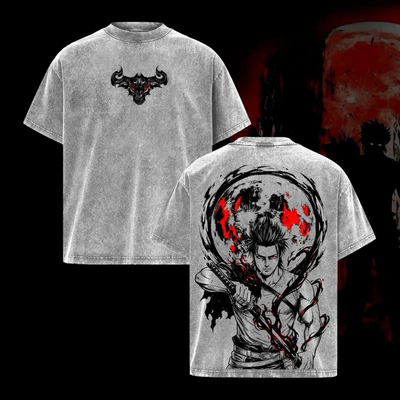Black Clover Anime Printed T-shirt Yami Sukehiro Washed T Shirt Men Women Clothing Oversized Short Sleeve Cotton Tees Tops