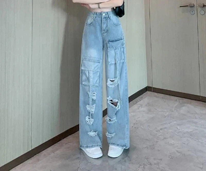 Y2K Hole Cargo Jeans Women Retro Streetwear Loose Straight Denim Pants Multiple Pockets High Waist Casual Commuting New Trousers