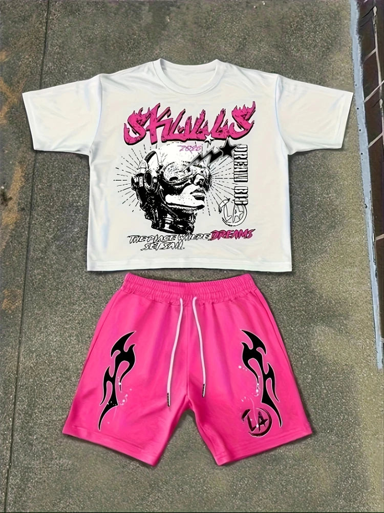 2026 New Spring American Hip-hop Style Men's Round-neck Top And Casual Shorts, Street Fashion Trend Men's Short-sleeved 2pcs Set