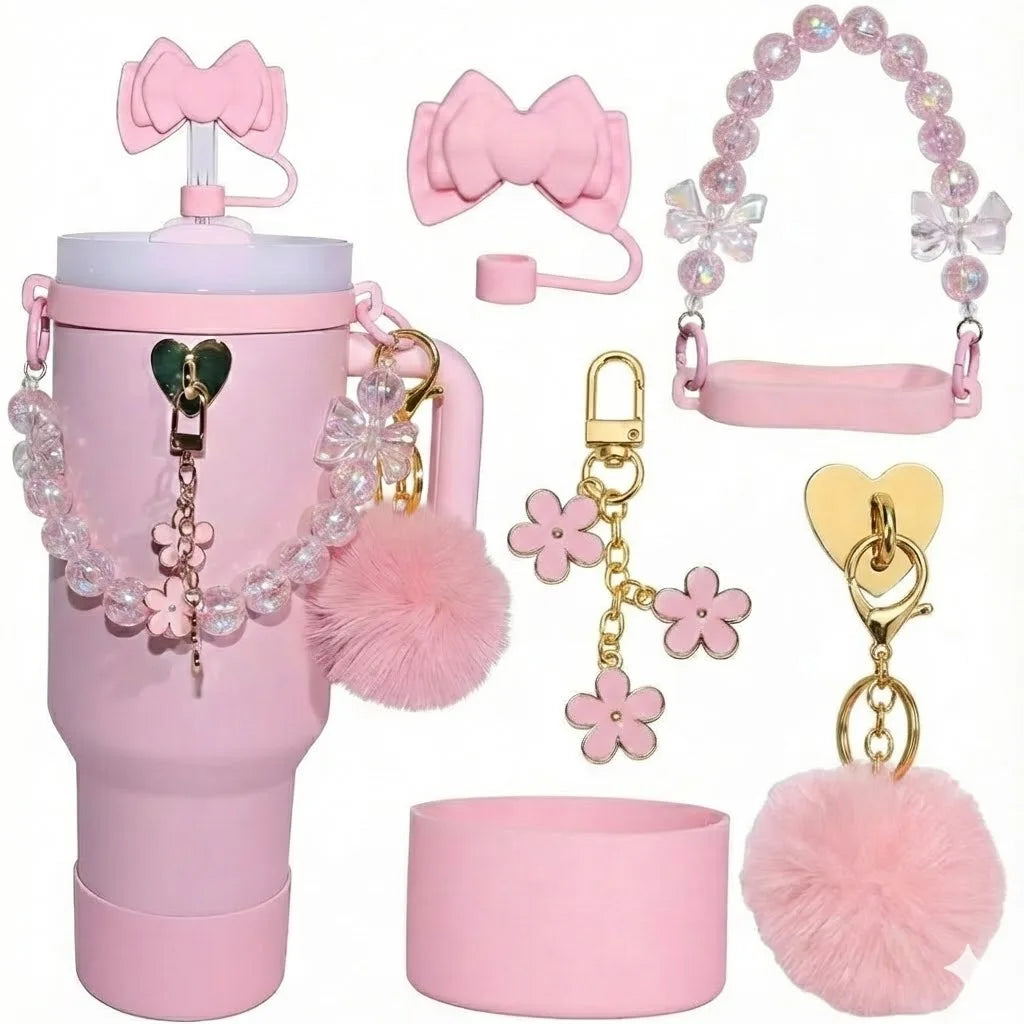 7pcs Cute Cup Accessories Set for Stanley 40oz/30oz Tumbler Pink Bow Straw Cap Topper, Pom-Pom,Kawaii Drinkware Gift for Women
