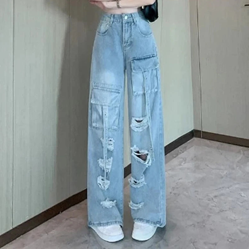 Y2K Hole Cargo Jeans Women Retro Streetwear Loose Straight Denim Pants Multiple Pockets High Waist Casual Commuting New Trousers