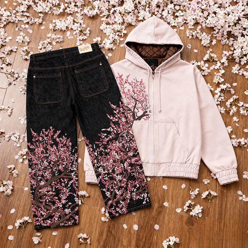 Y2K Two Piece Harajuku Vintage Cherry Blossom Selvedge Embroidery oversized Hoodie Goth men women wide leg pants streetwear Set