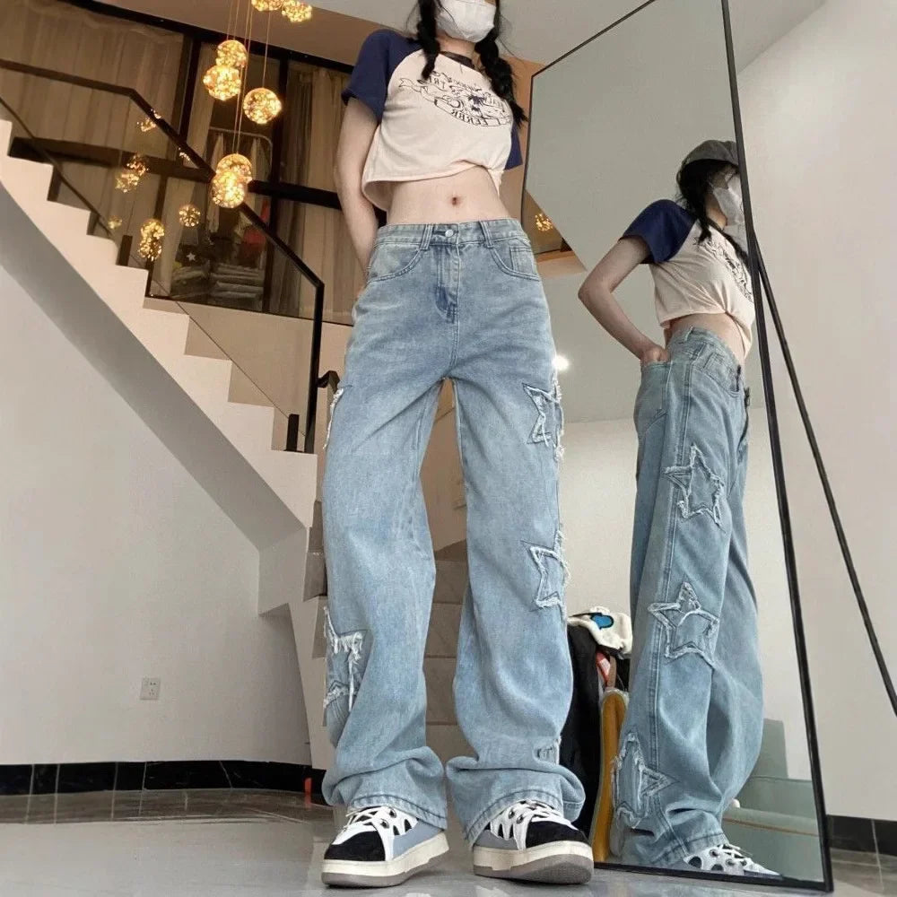 High Waist Wide Leg Straight Cut Jeans Women's Spring Summer New Style Embroidered Five-Pointed Star Patch Trendy Long Pants