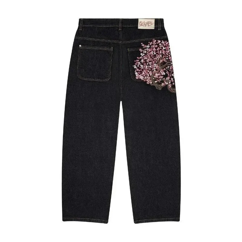 Y2K Two Piece Harajuku Vintage Cherry Blossom Selvedge Embroidery oversized Hoodie Goth men women wide leg pants streetwear Set