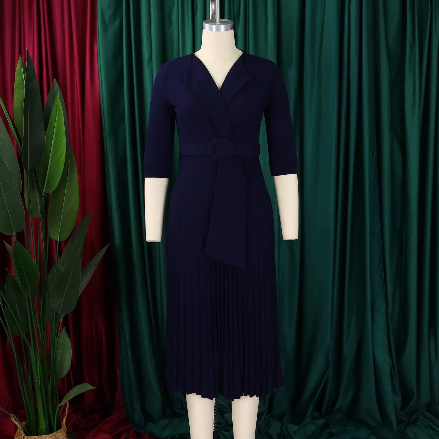 Elegant Office Ladies Dresses 2024 Autumn Fall Notched Collar Half Sleeve Belt Waisted Mid Calf Female Birthday Party Dress Midi