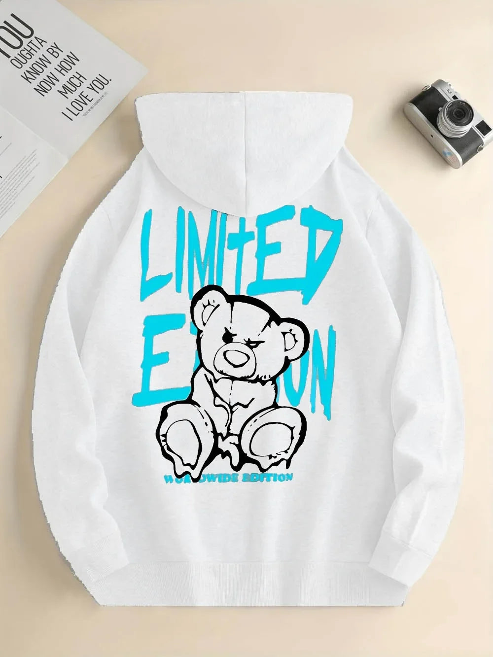 Fashionable European and American men's autumn teddy bear letter print soft and comfortable hooded sweatshirt outdoor high stree