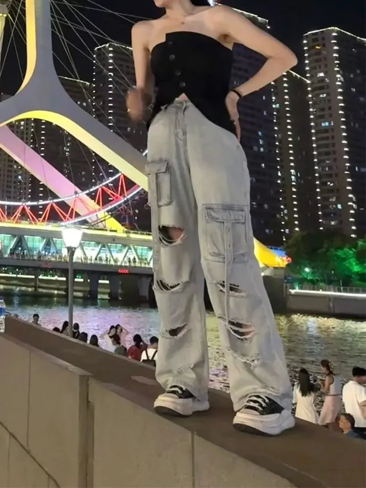 Gothic Y2k 2000s Pockets Safari Ripped Baggy Jeans Women Black Girl Denim Trousers Punk Pants Vintage Woman Clothing Clothes