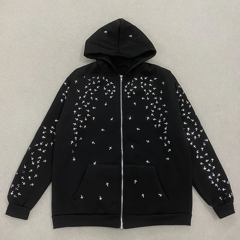 Autumn Winter American Hip Hop Vintage Long Sleeved Hoodie Dark Gothic Cross Applique Decorated Zipper Cardigan High Street Coat