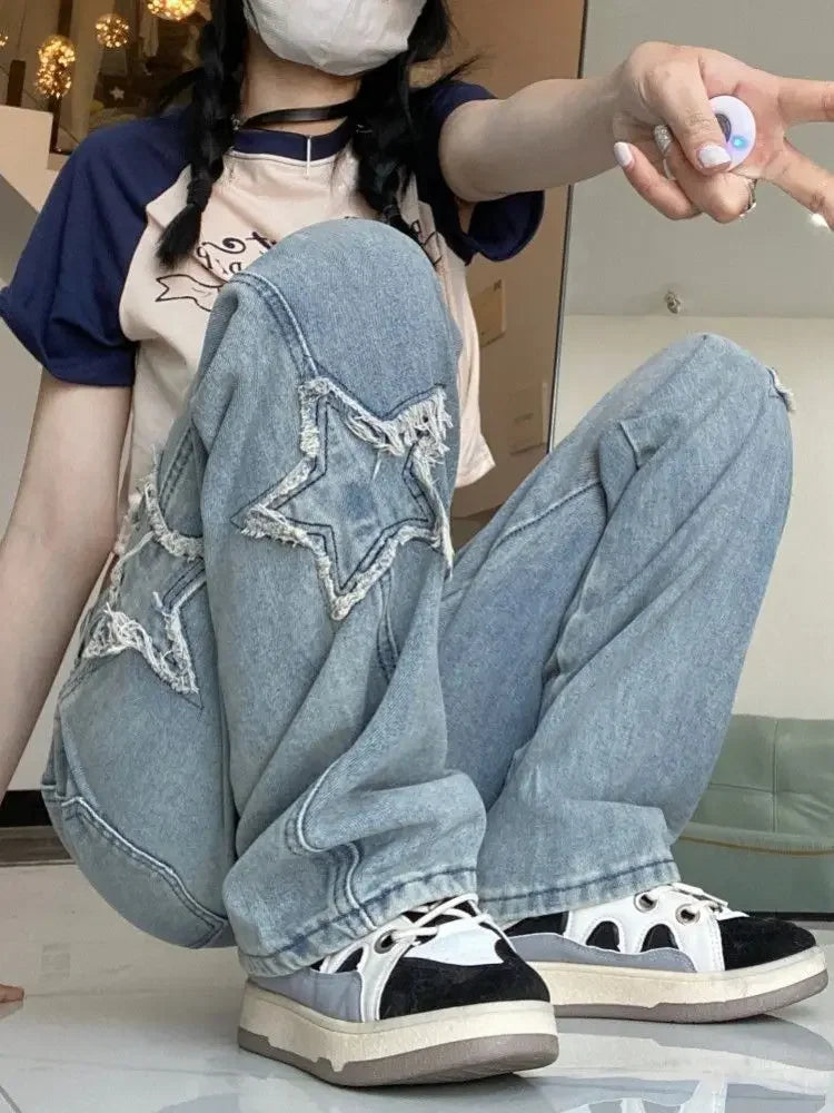 High Waist Wide Leg Straight Cut Jeans Women's Spring Summer New Style Embroidered Five-Pointed Star Patch Trendy Long Pants