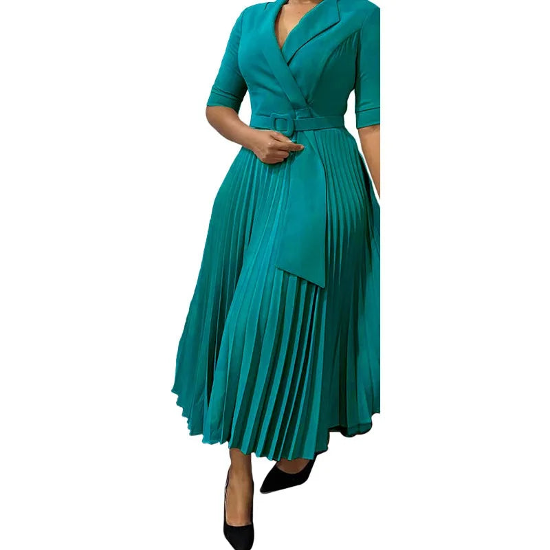 Elegant Office Ladies Dresses 2024 Autumn Fall Notched Collar Half Sleeve Belt Waisted Mid Calf Female Birthday Party Dress Midi