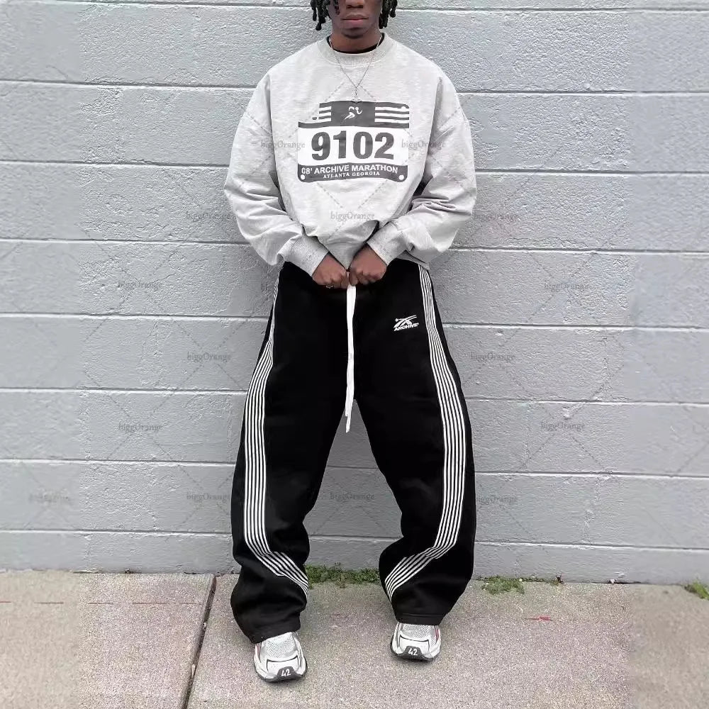 Mens Y2K Striped Sweatpants Harajuku Retro American High Street Loose Casual Hip Hop Versatile Trendy Joggers Streetwear Pants