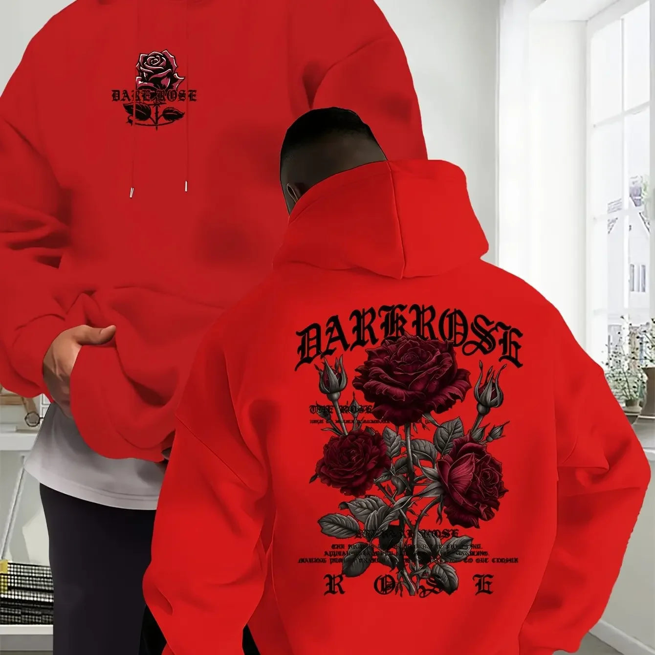 Men's Oversized Hoodie Rose Graphic Print Sweatshirt Gothic Streetwear Vintage Pullover Hooded Top Casual Autumn Winter
