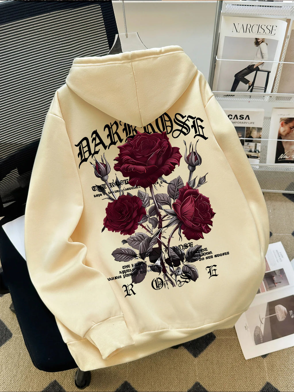Autumn/Winter Street Style Men's Hoodie with Rose and Gothic Letter Print, Casual Loose Fit, Fleece-lined Long-sleeved Hoodie