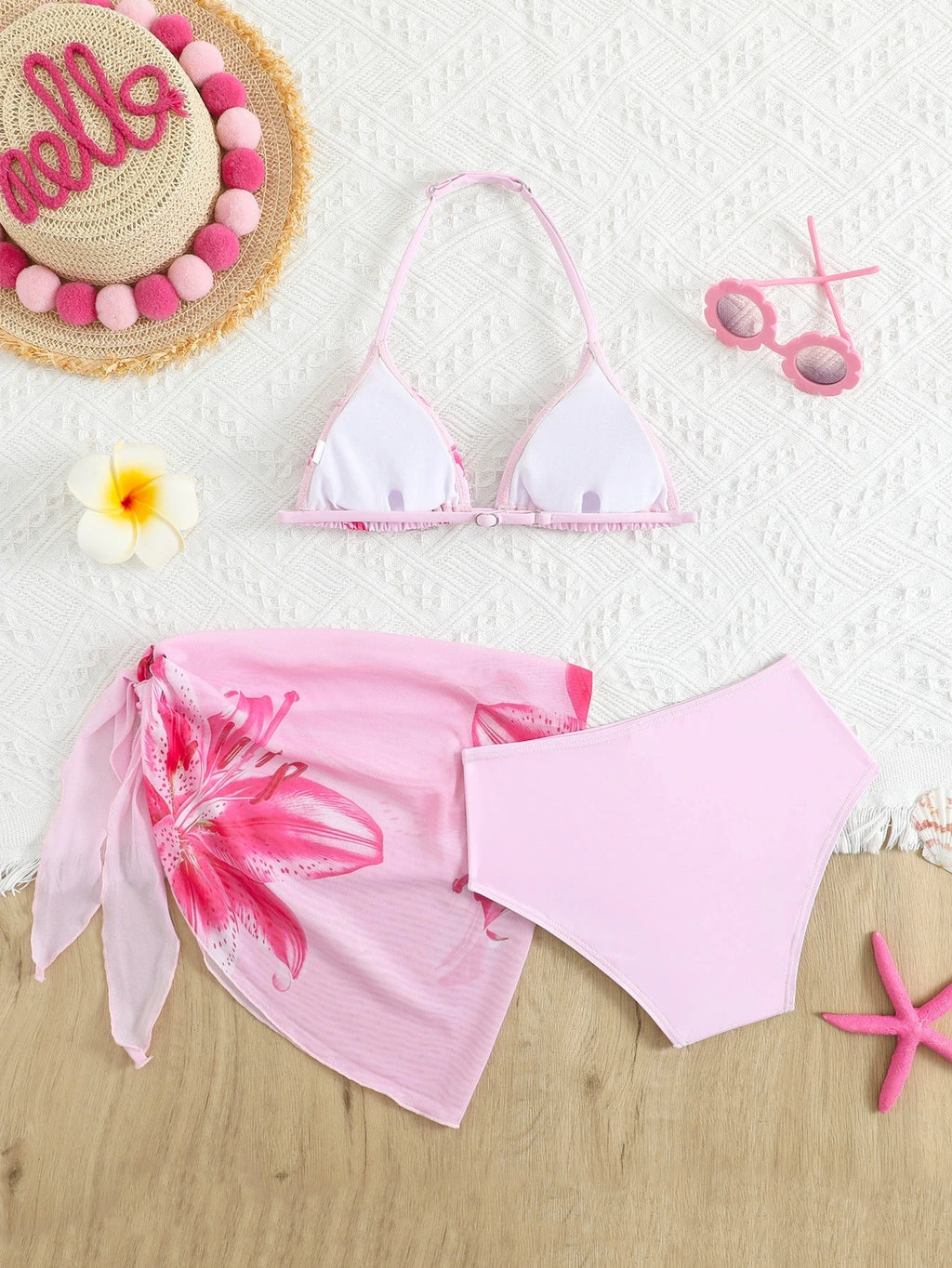 2026 New Trendy Girls' Swimwear Chindren Girls Bikini Swimsuit Set with Flower Print Three-Piece Outfit Bathing Suit 7 To 16Y