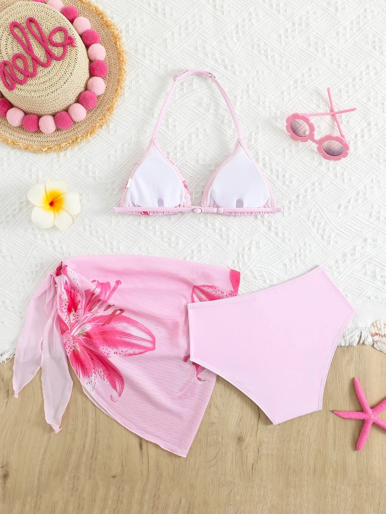 2026 New Trendy Girls' Swimwear Chindren Girls Bikini Swimsuit Set with Flower Print Three-Piece Outfit Bathing Suit 7 To 16Y