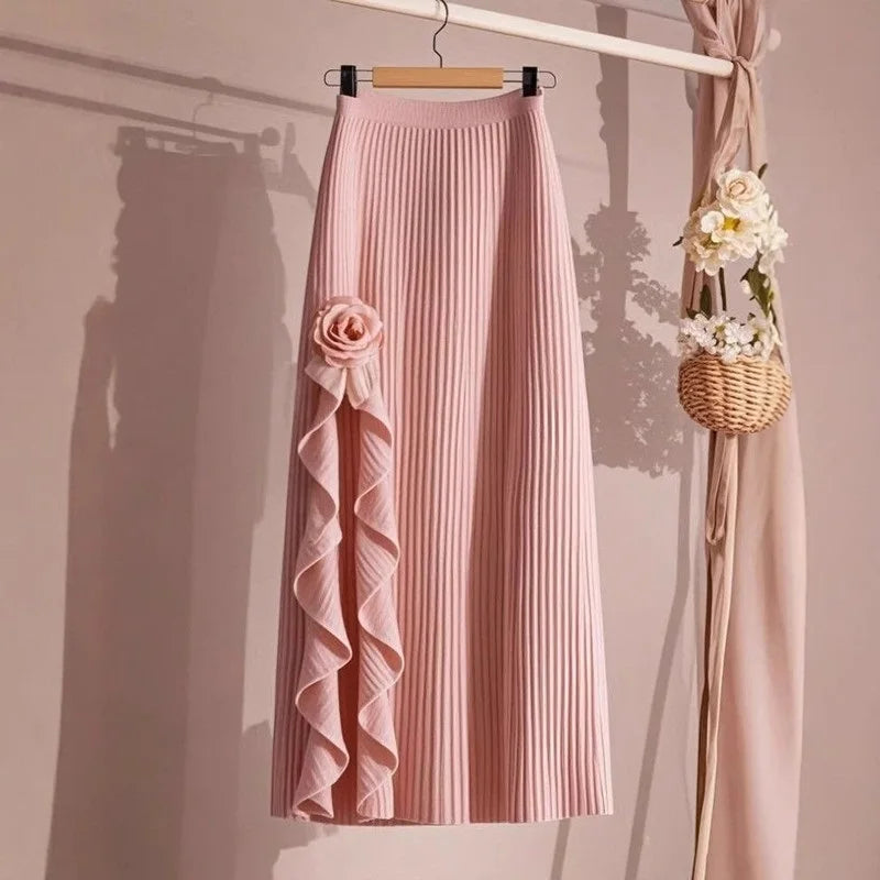Spring Autumn Winter Women White Black Flower Skirts Elastic High Waist A-line Pleated Skirt Midi Skirt Female Elegant Skirts
