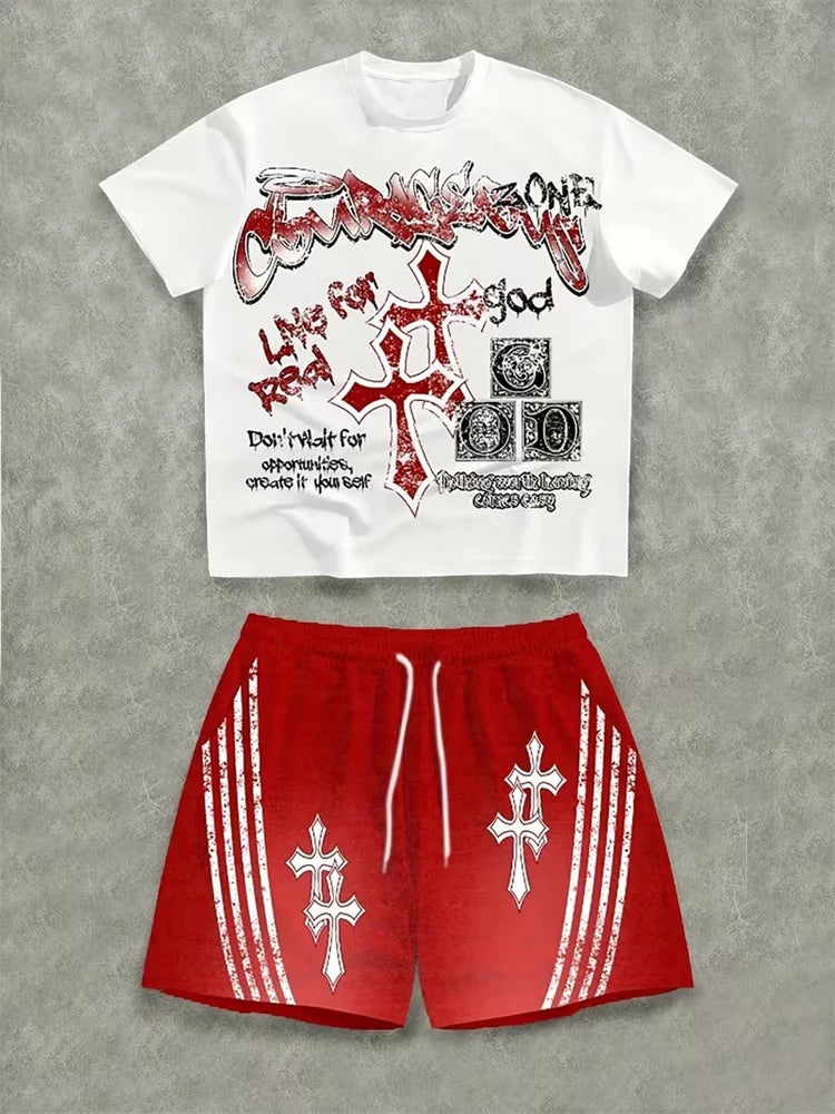 2026 New Spring American Hip-hop Style Men's Round-neck Top And Casual Shorts, Street Fashion Trend Men's Short-sleeved 2pcs Set