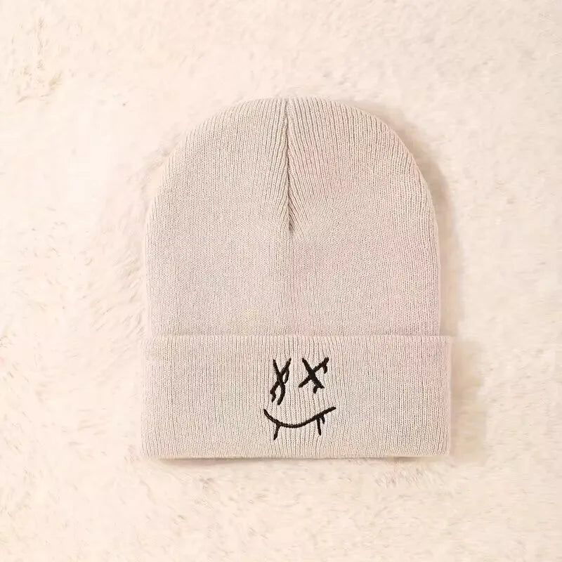 1pc/3pcsWinter and autumn warm-up hat with embroidered smiling face woolen hat for men and women, knitted for casual and active