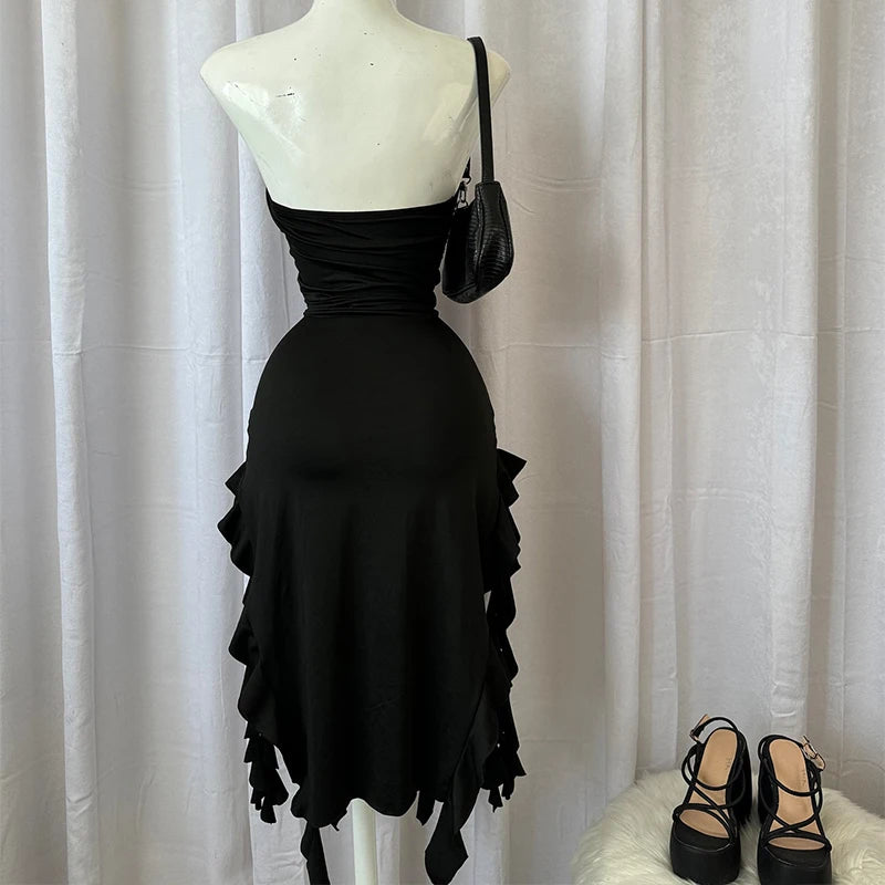 Women Strapless Sexy Floral Fold Hemline High Slit Mini Dress 2024 Solid Backless Sleeveless Black And Pink Party Dress Vestidos