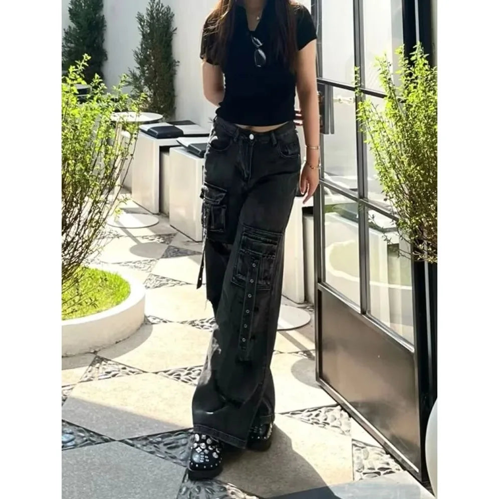 Gothic Y2k 2000s Pockets Safari Ripped Baggy Jeans Women Black Girl Denim Trousers Punk Pants Vintage Woman Clothing Clothes