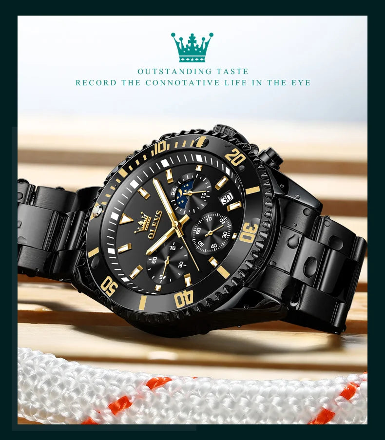 OLEVS Men's Watches Top Brand Luxury Watch for Men Original Waterproof Stainless Steel Chronograph Moon Phase Date Rota Dial
