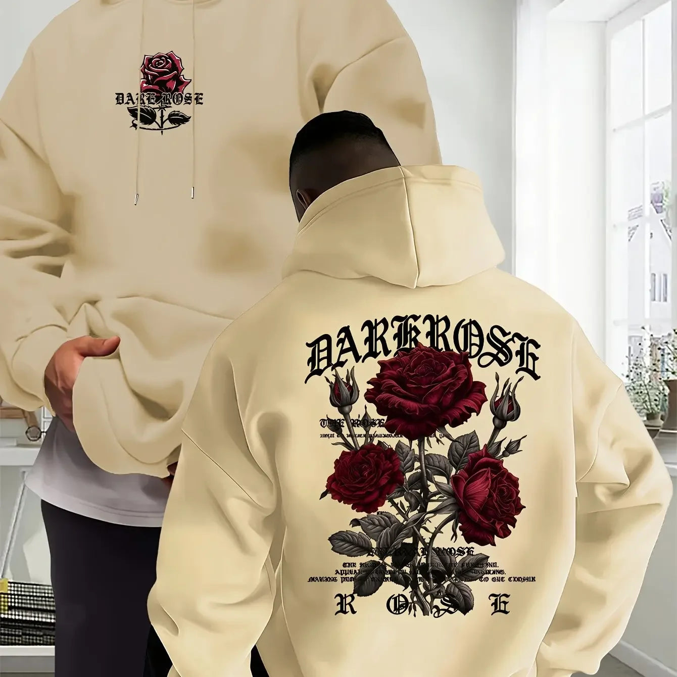 Men's Oversized Hoodie Rose Graphic Print Sweatshirt Gothic Streetwear Vintage Pullover Hooded Top Casual Autumn Winter