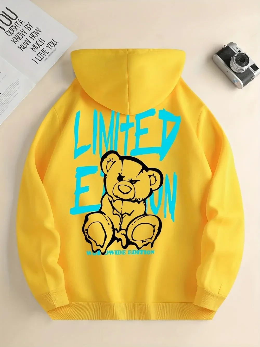 Men's Street Fashion Fall/winter Cartoon Lettered Bear Print Hooded Fleece Pullover Versatile All Occasions Sporty Casual Loose