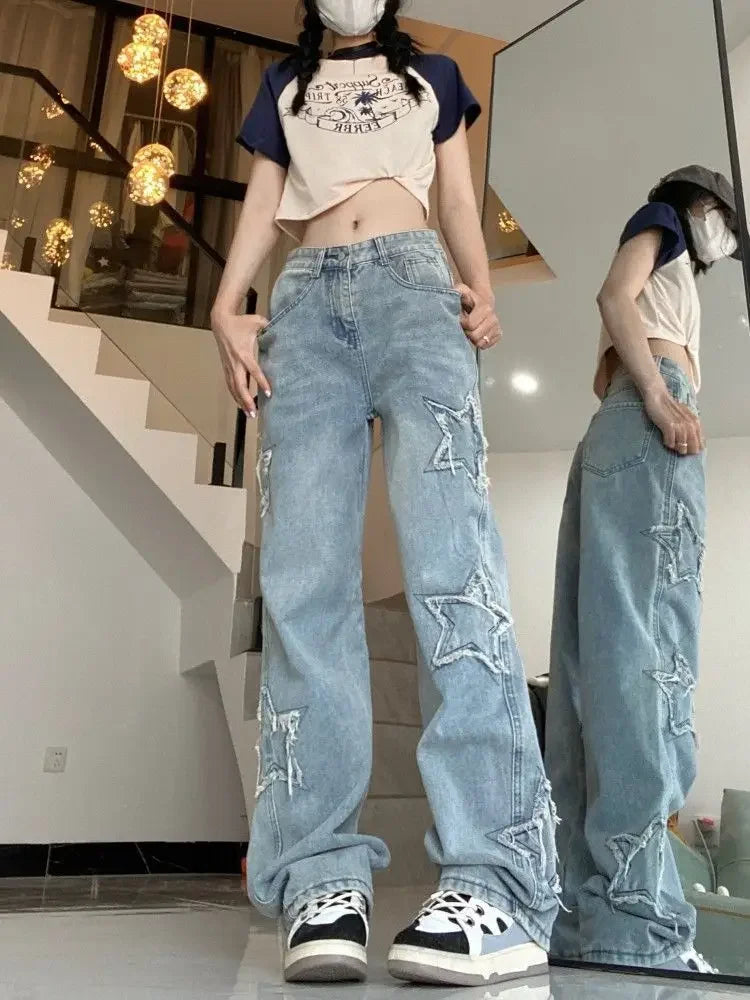 High Waist Wide Leg Straight Cut Jeans Women's Spring Summer New Style Embroidered Five-Pointed Star Patch Trendy Long Pants