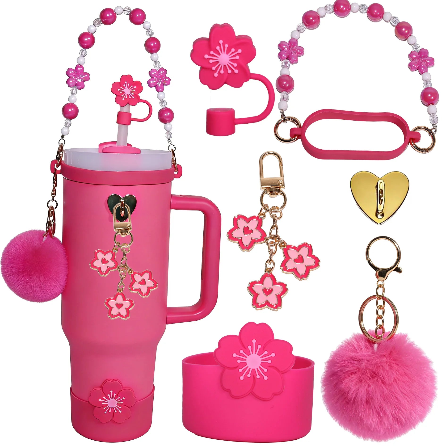 7pcs Sakura Pink Accessories Set for Stanley 30oz 40oz Tumbler Coquette Aesthetic Charm Handle Chain Spring Gift for Women Girls