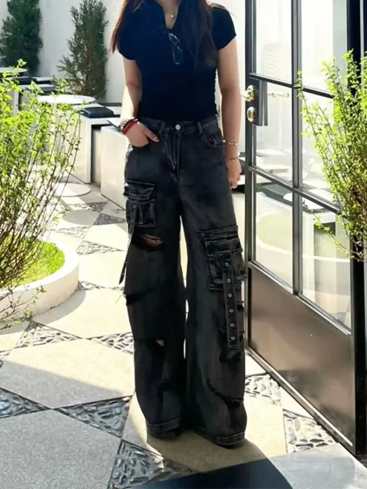 Gothic Y2k 2000s Pockets Safari Ripped Baggy Jeans Women Black Girl Denim Trousers Punk Pants Vintage Woman Clothing Clothes