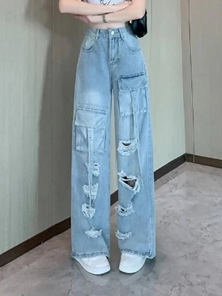 Y2K Hole Cargo Jeans Women Retro Streetwear Loose Straight Denim Pants Multiple Pockets High Waist Casual Commuting New Trousers