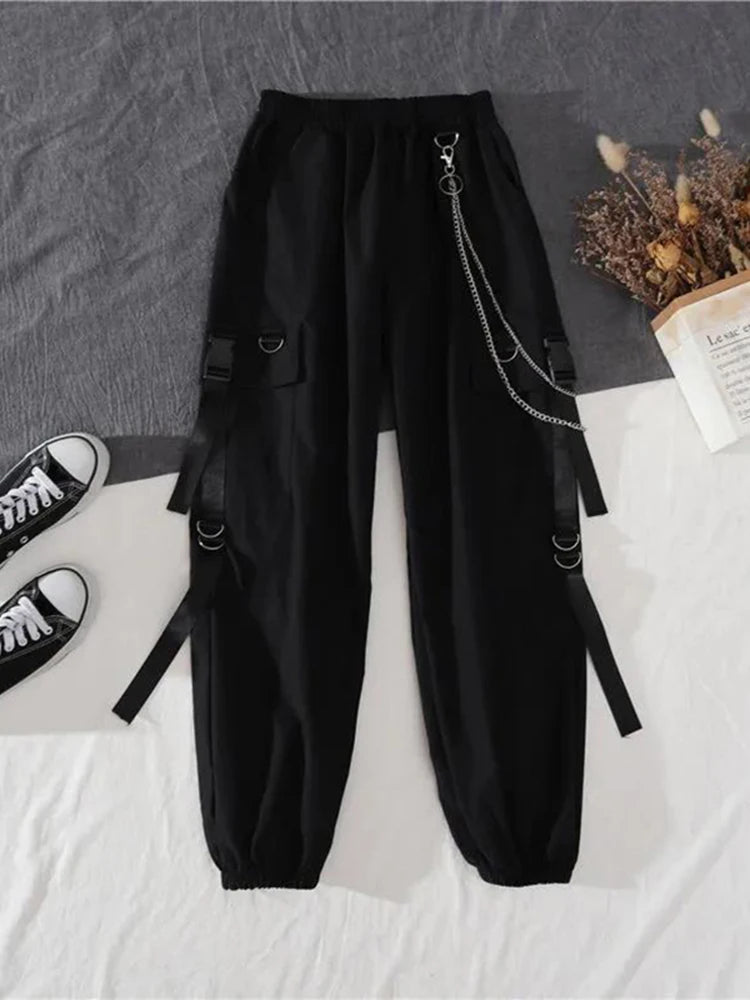 New Men Streetwear Two-piece Suit Splice Chain Long Sleeve+Ribbon Chain Pants Harajuku Cargo Pants 2 Piece Sets Mens Outfits