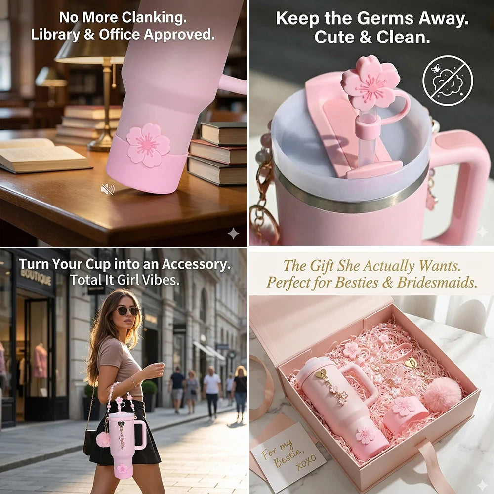7pcs Sakura Pink Accessories Set for Stanley 30oz 40oz Tumbler Coquette Aesthetic Charm Handle Chain Spring Gift for Women Girls