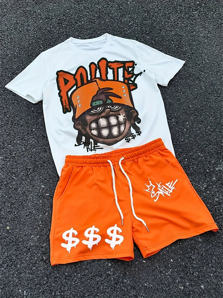 2026 New Spring American Hip-hop Style Men's Round-neck Top And Casual Shorts, Street Fashion Trend Men's Short-sleeved 2pcs Set