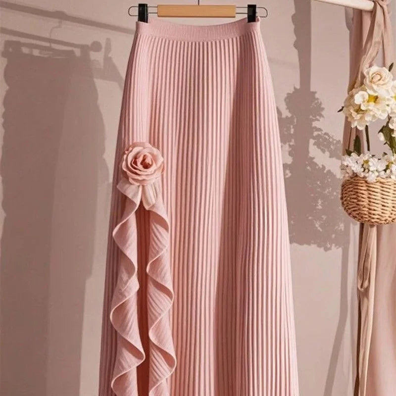 Spring Autumn Winter Women White Black Flower Skirts Elastic High Waist A-line Pleated Skirt Midi Skirt Female Elegant Skirts