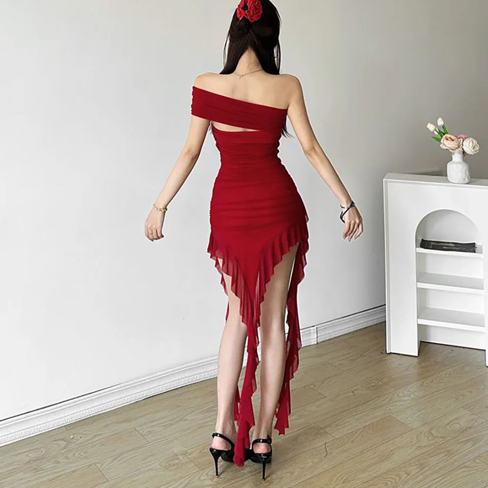 Lace Splicing Sexy Perspective Dress Women Irregular Sleeveless Edge Dress Summer Long Party Vacation Evening Dress